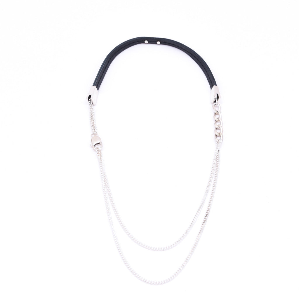 A black leather necklace with silver chain and a lobster clasp.