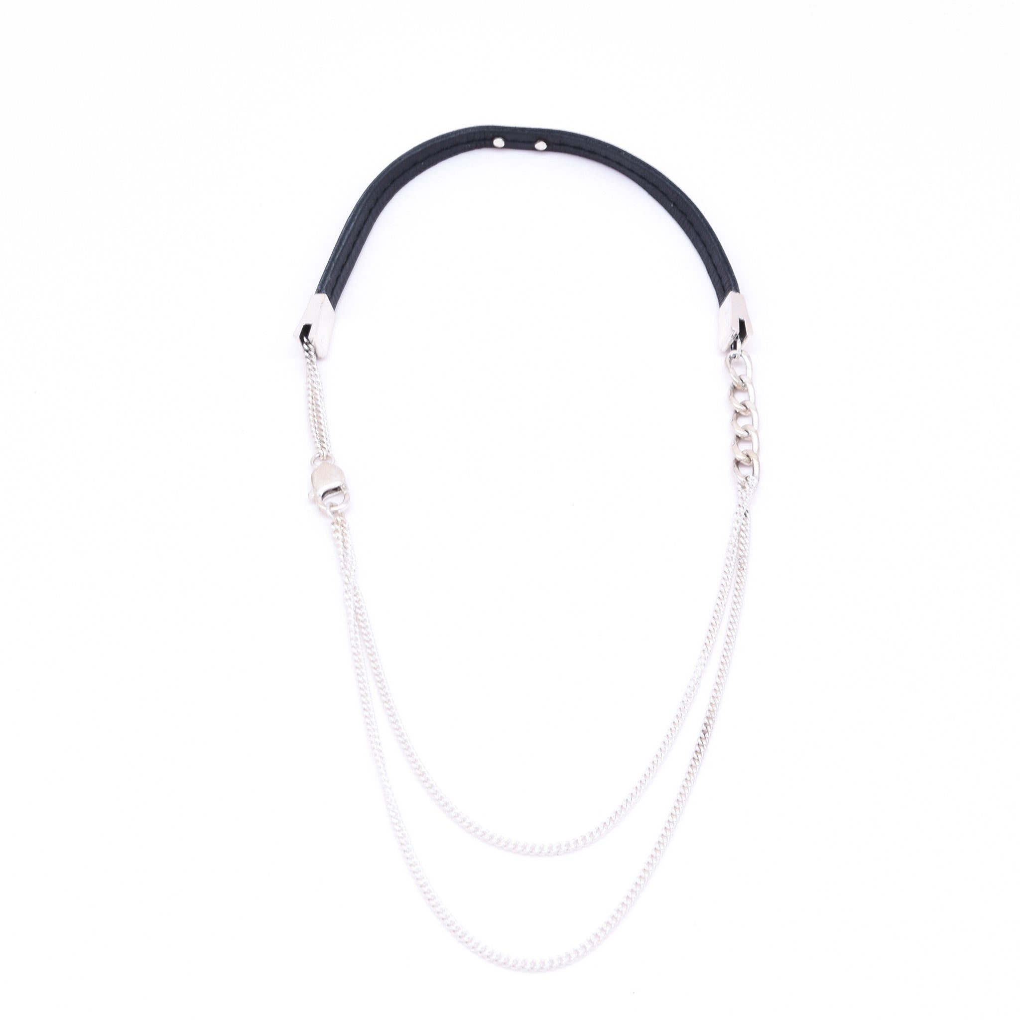 A black leather necklace with silver chain and a lobster clasp.